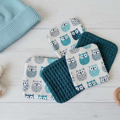 Lot de 10 lingettes bébé coton et nid d'abeilles turquoise