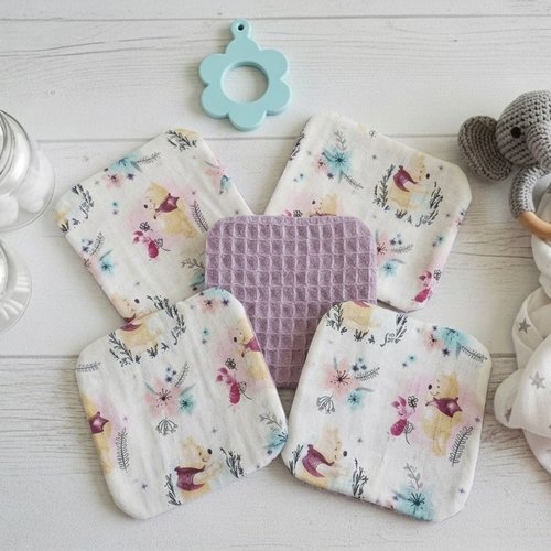 Lot de 10 lingettes bébé coton et nid d'abeilles lilas