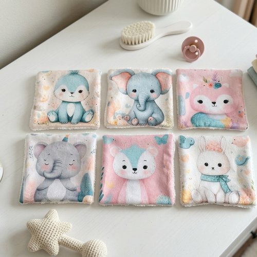 Lot de 6 lingettes bébé coton imprimé et éponge bambou