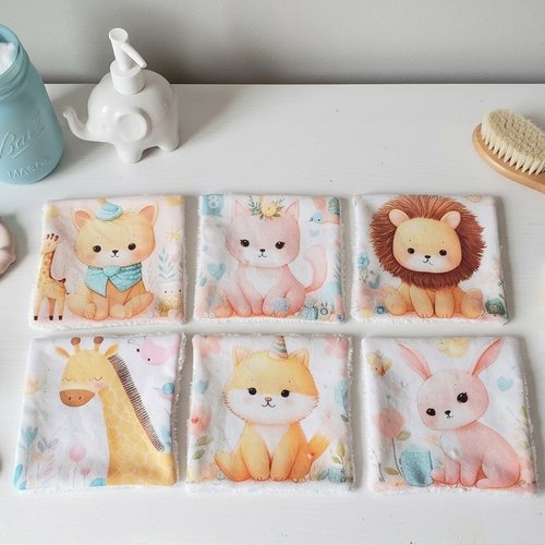 Lot de 6 lingettes bébé coton imprimé et éponge bambou