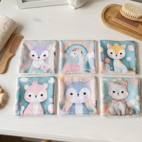 Lot de 6 lingettes bébé coton imprimé et éponge bambou