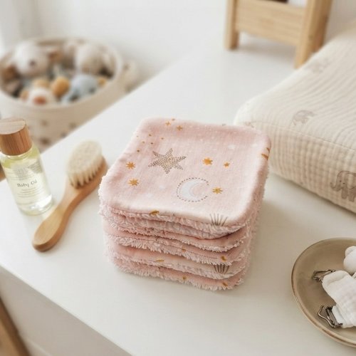 Lot de 8 lingettes bébé coton et éponge rose