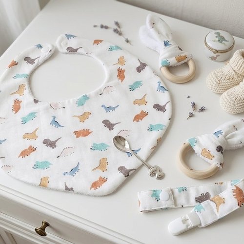 Ensemble naissance, bavoir, hochet, attache tétine et 12 lingettes blanche motifs dinosaures