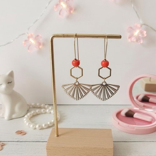Boucles d'oreilles acier inoxydable doré et pendentif éventail