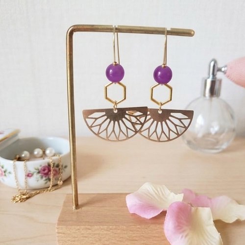 Boucles d'oreilles acier inoxydable doré et pendentif éventail