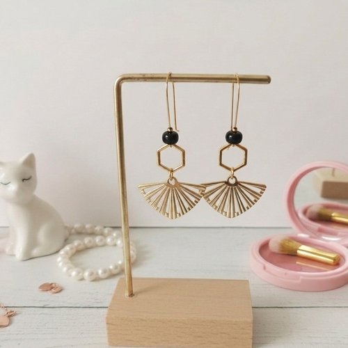 Boucles d'oreilles acier inoxydable doré et pendentif éventail