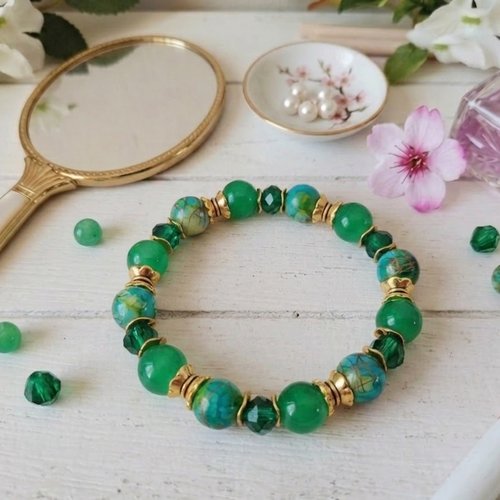 Bracelet perles en verre laqué imitation jade verte