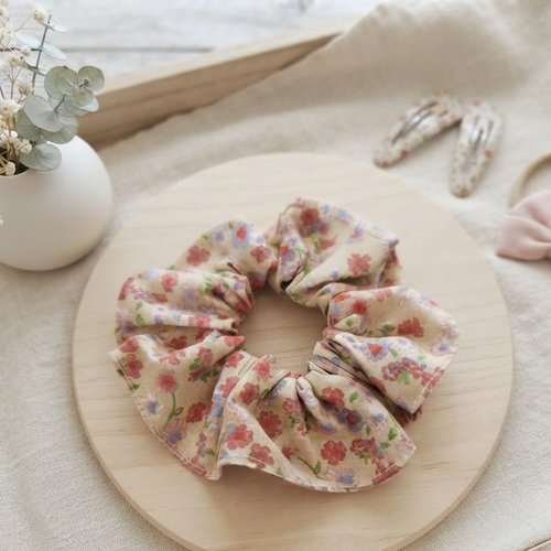 Chouchou coton beige et fleurs