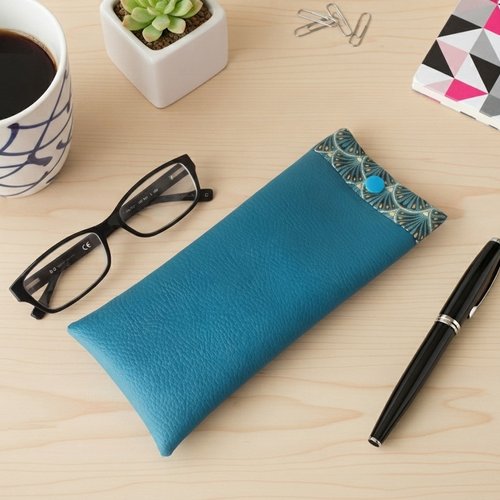 Etui à lunette en simili cuir turquoise et tissu coton imprimé