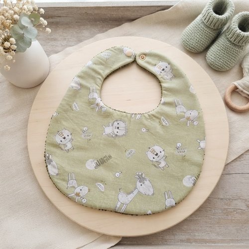 Bavoir bébé coton vert anis motifs animaux et éponge kaki