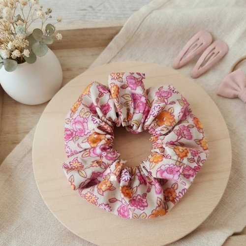 Chouchou fille coton beige fleurs oranges