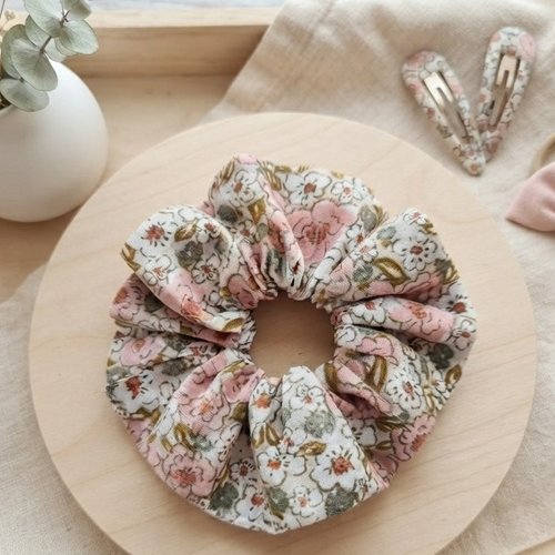 Chouchou fille coton beige fleurs saumon