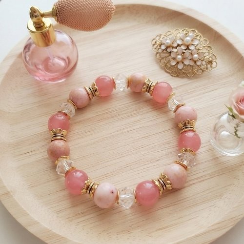 Bracelet perles jade rose orangé doré