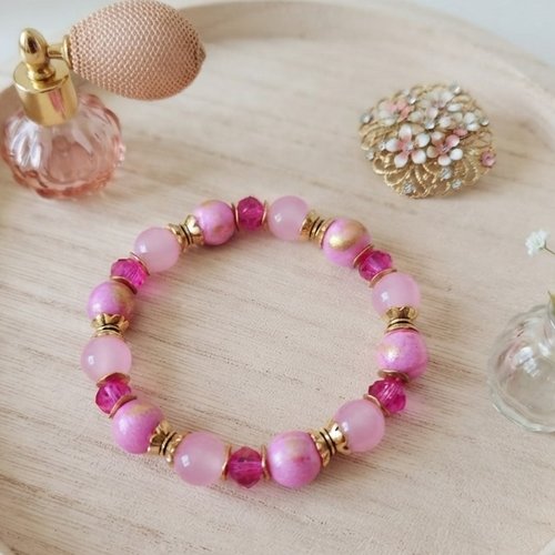 Bracelet perles jade rose doré