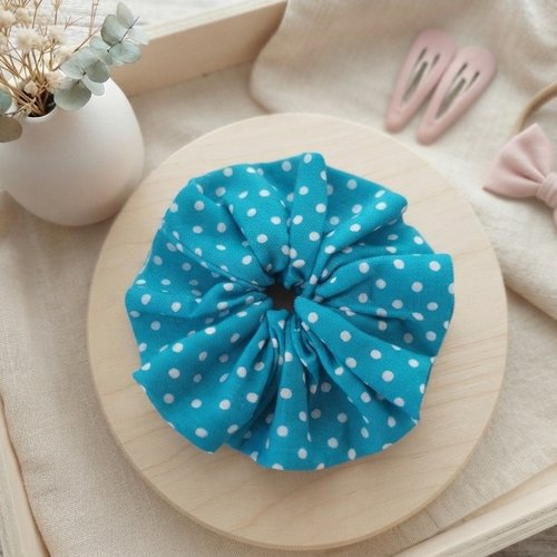 Chouchou fille coton bleu pois blancs