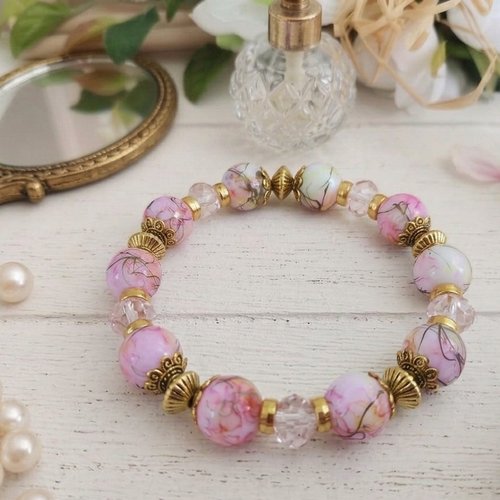 Bracelet perles en verre rose tréfilé et rose