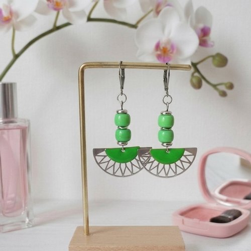 Boucles d'oreilles acier inoxydable et sequin émail vert