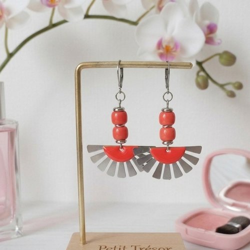 Boucles d'oreilles acier inoxydable et sequin émail corail