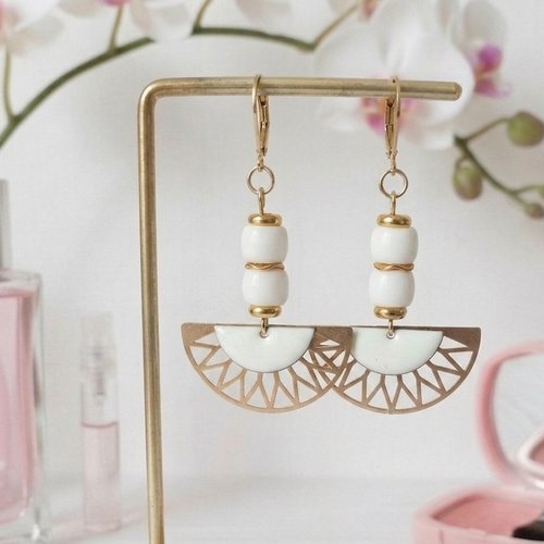 Boucles d'oreilles acier inoxydable doré et sequin émail demi lune