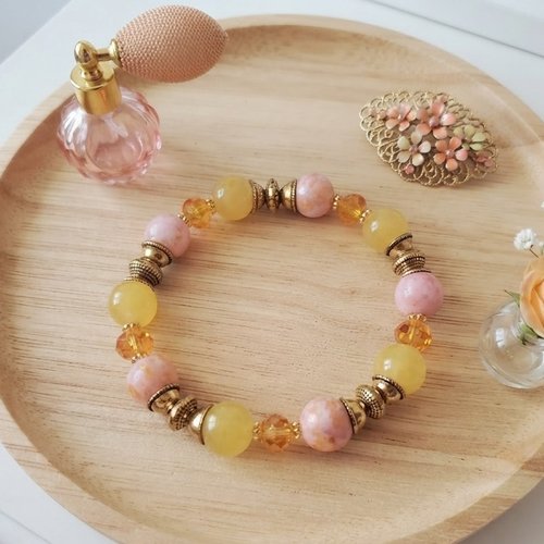 Bracelet perles jade rose doré