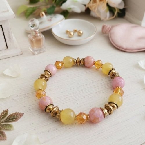 Bracelet perles jade rose doré