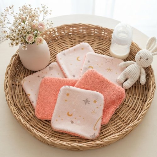 Lot de 9 lingettes bébé coton et éponge bambou orange