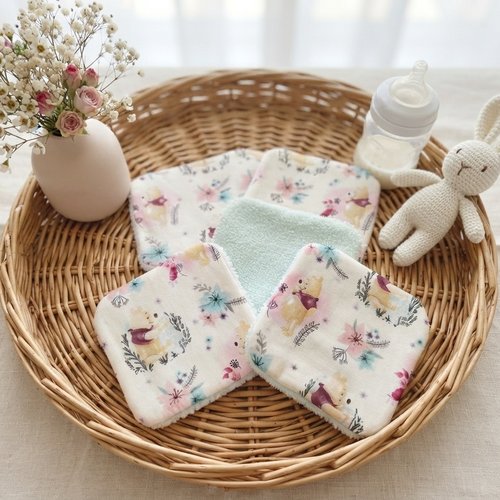 Lot de 8 lingettes bébé coton winnie l'ourson et éponge bambou
