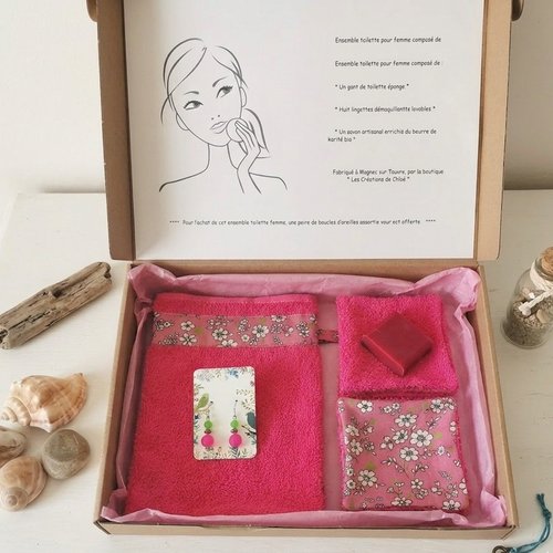 Box gant de toilette et 8 lingettes couleur fuchsia