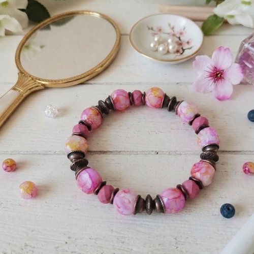 Bracelet perles en verre rose et orange