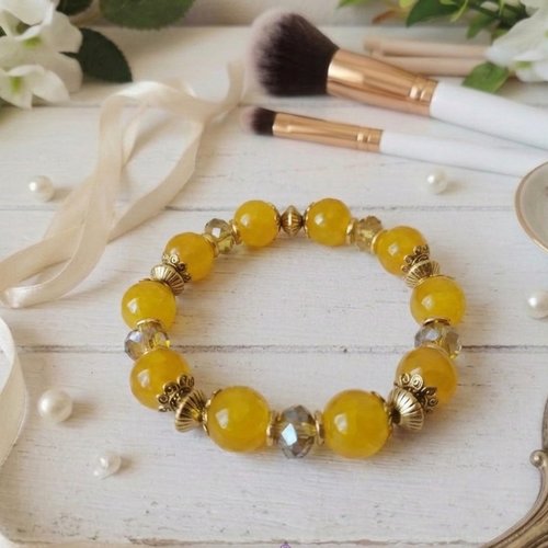 Bracelet perles en verre jaune moutarde et ambre