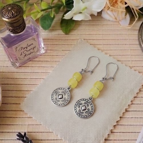 Boucles d'oreilles acier inoxydable, pendentif rond et perles colonnes