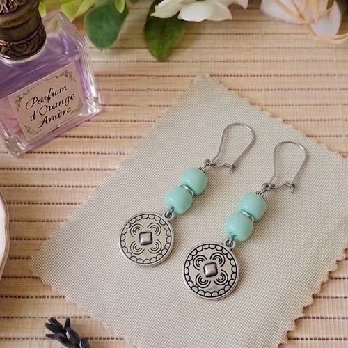Boucles d'oreilles acier inoxydable, pendentif rond et perles colonnes