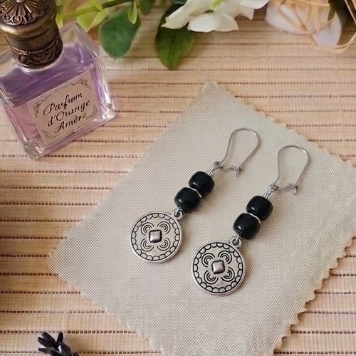 Boucles d'oreilles acier inoxydable, pendentif rond et perles colonnes