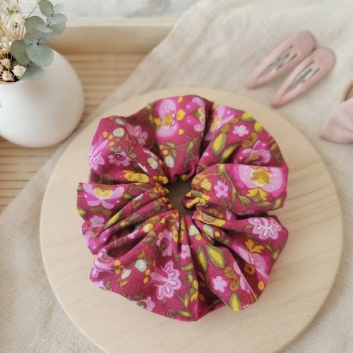 Chouchou fille coton fuchsia motifs fleurs roses