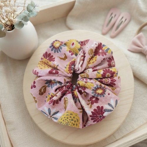 Chouchou fille coton rose saumon motifs fleurs