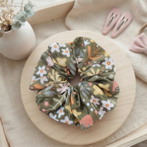 Chouchou fille coton kaki motifs fleurs