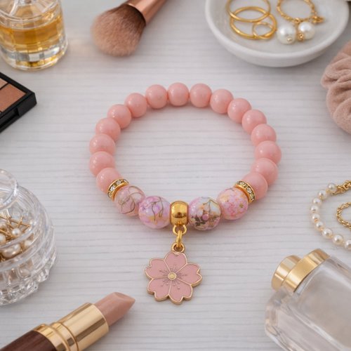 Bracelet fil élastique perles rose orangé et breloque fleur