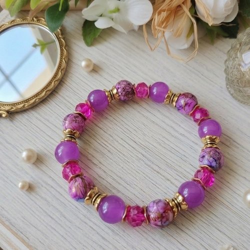 Bracelet perles en verre violet et fuchsia