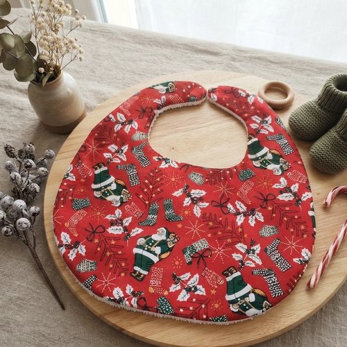 Bavoir bébé coton rouge motifs noël et éponge blanche