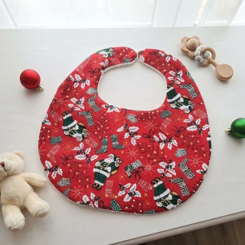 Bavoir bébé coton rouge motifs noël et éponge blanche