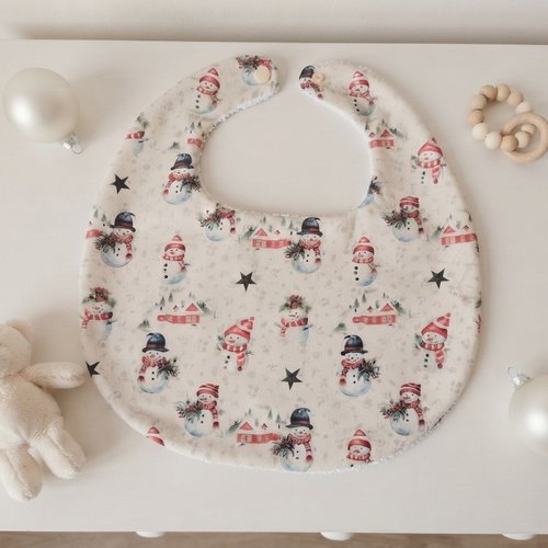 Bavoir bébé coton beige motifs noël et éponge blanche