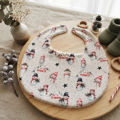 Bavoir bébé coton beige motifs noël et éponge blanche