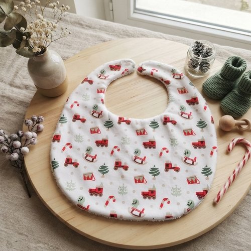 Bavoir bébé coton blanc motifs noël et éponge blanche