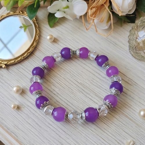 Bracelet fil élastique perles imitation jade violette