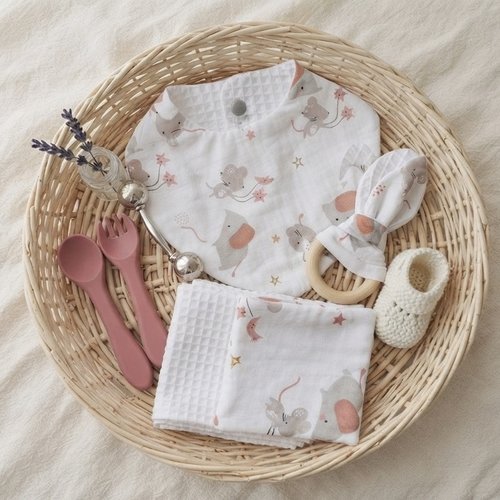 Coffret naissance/box naissance bavoir, hochet, couverts et 8 lingettes