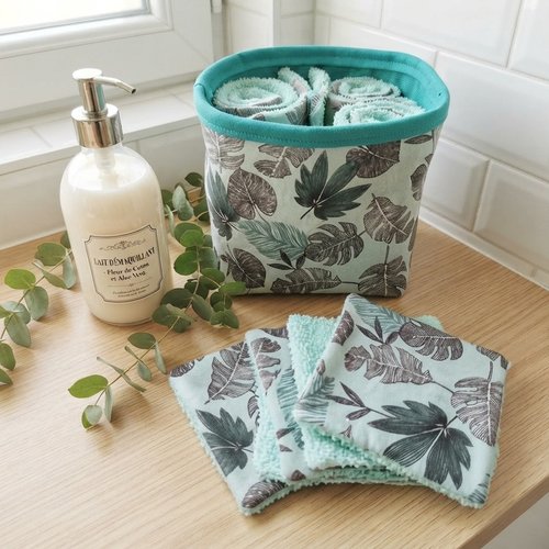 Lot de 12 lingettes démaquillantes et panier assorti - turquoise