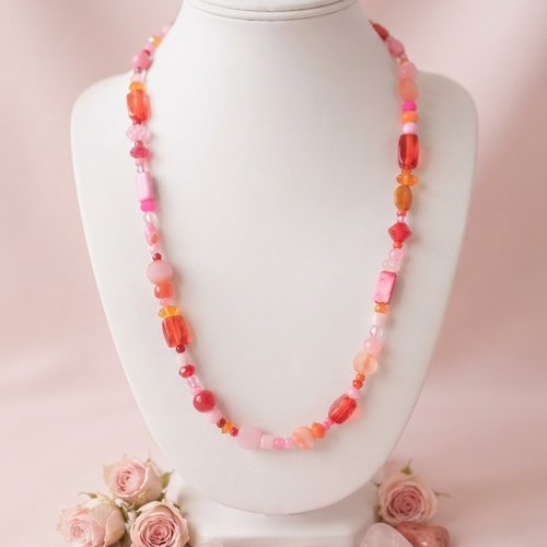 Collier sautoir perles en verre rose, orange et rouge