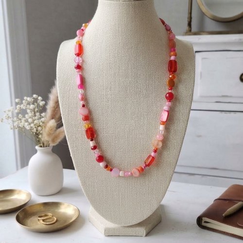 Collier sautoir perles en verre rose, orange et rouge
