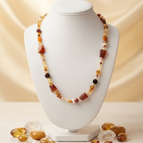 Collier sautoir perles en verre tons marron et ambre