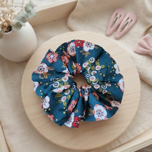 Chouchou fille coton turquoise motifs fleurs
